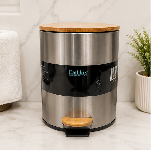 Silver Manual Trash Bin with Wooden Lid for Bathroom, Kitchen & Office (YM2595)