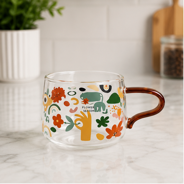 Printed Glass Coffee Mug with Floral Design (YM159)