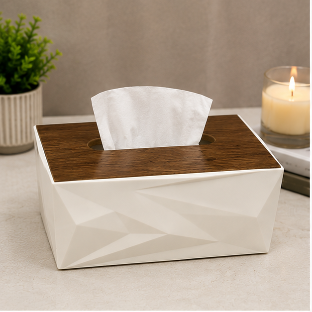 Tissue Paper Box with Wooden Lid White (YM2718)