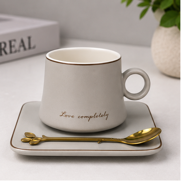 Grey Ceramic Coffee Cup Set with Tray & Gold Spoon (YM1747)