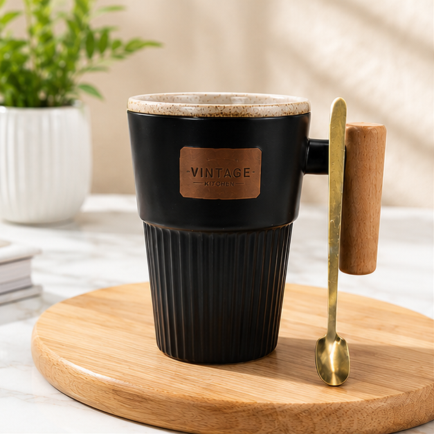 Ceramic Coffee Mug Black with Spoon (YM1759)