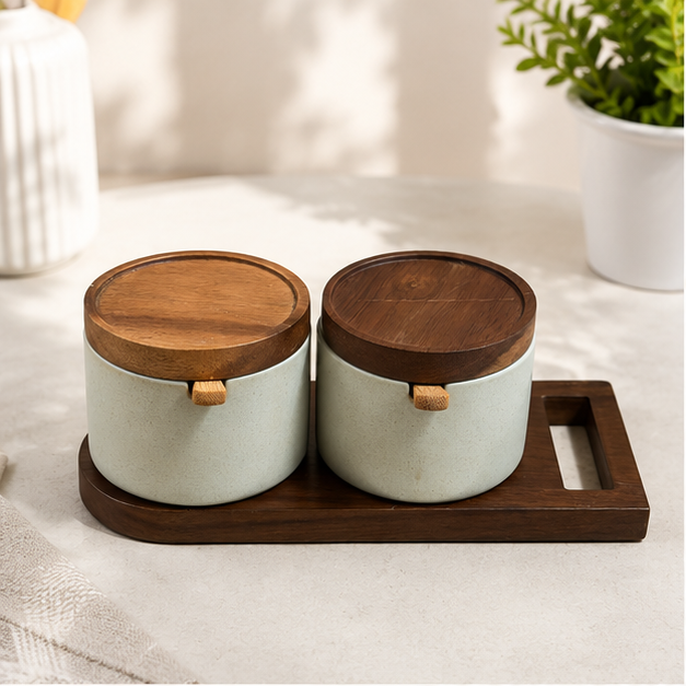 Ceramic Seasoning Pot Set with Wooden Tray - Set of 2 (YM2402)