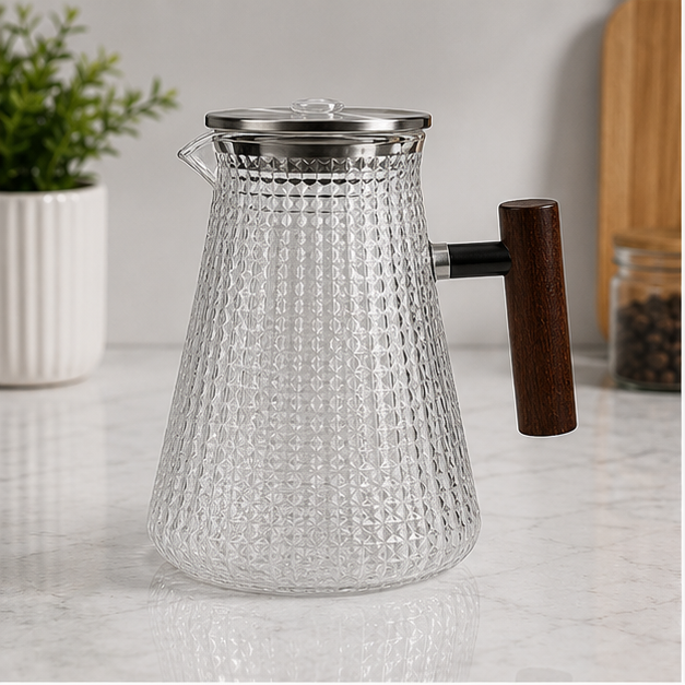 Textured Glass Water Jug with Wooden Handle (YM162)