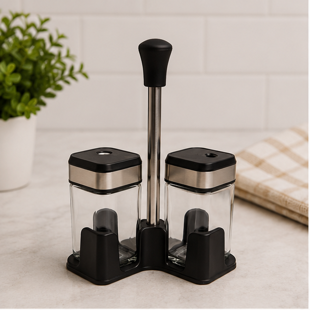 Glass Seasoning Jar Set with Stand - Set of 2 (YM072)