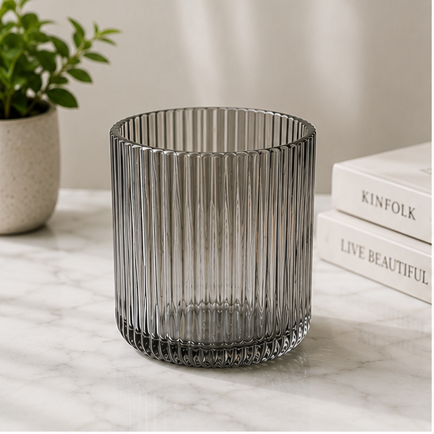 Grey Ribbed Glass Drinking Cup (YM618)