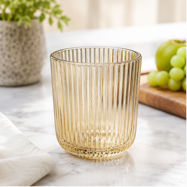 Golden Ribbed Glass Drinking Cup (YM619)