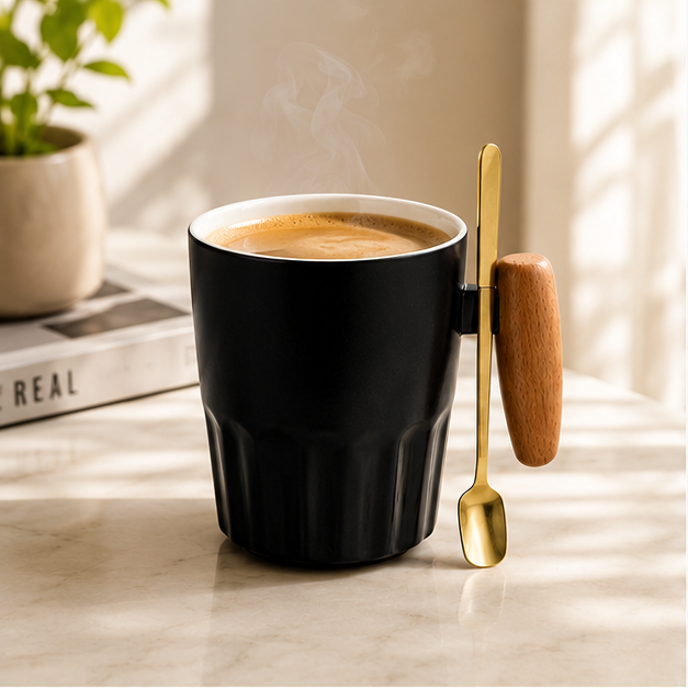 Ceramic Coffee Mug Black with Spoon (YM1757)