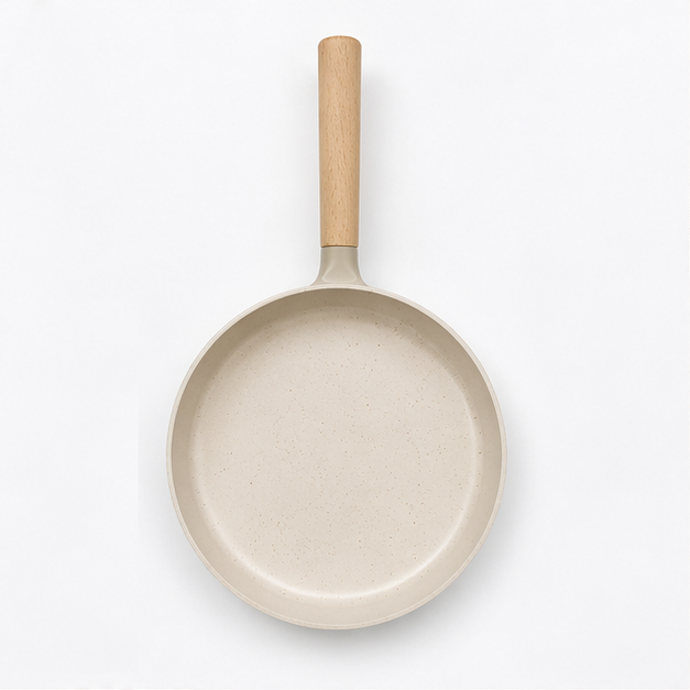Off White Maifan Stone Frying Pan with Wooden Handle (YM2025)