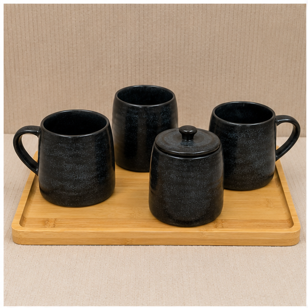 Black Ceramic Tea & Coffee Mug Set with Tray (YM470)