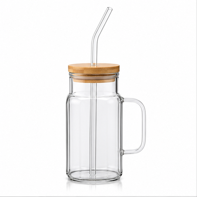 Transparent Glass Sipper Mug with Straw & Lid (YM1537)