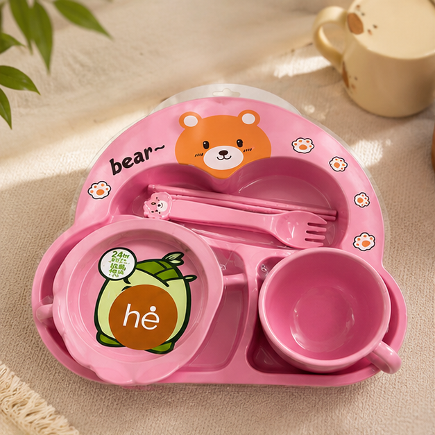 Kids Pink Cutlery Dining Set with Bear Design - Set of 5 (YM2123)