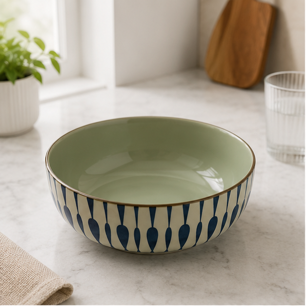 Printed Ceramic Serving Bowl with Blue Pattern Design (YM406)