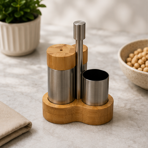 SS Seasoning Set with Wooden Bottom Stainless Steel Set of 3 (YM1669)
