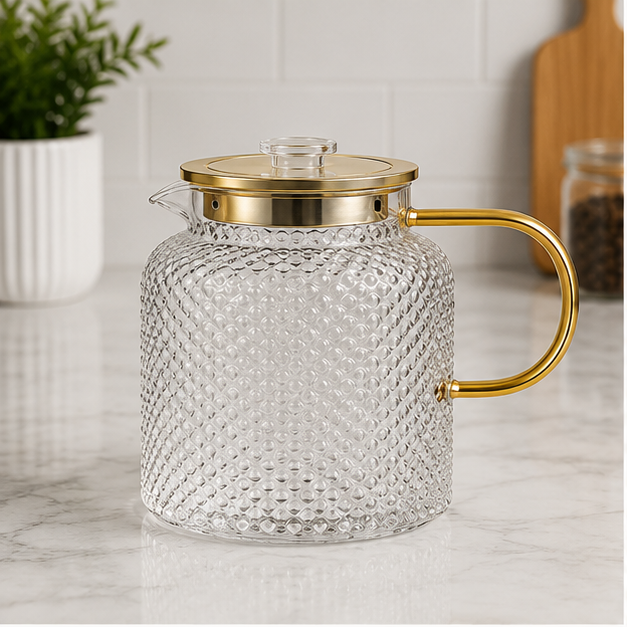 Textured Glass Water Jug with Gold Handle (YM166)