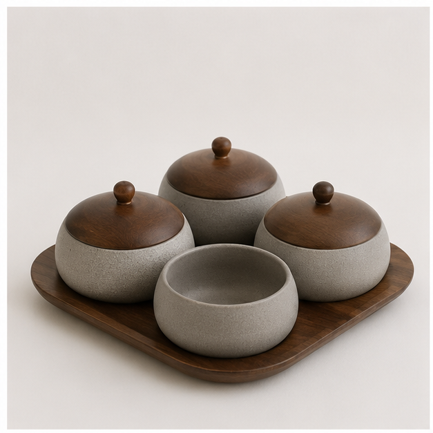 Grey Ceramic Condiment Set of 4 with Serving Tray (YM2384)