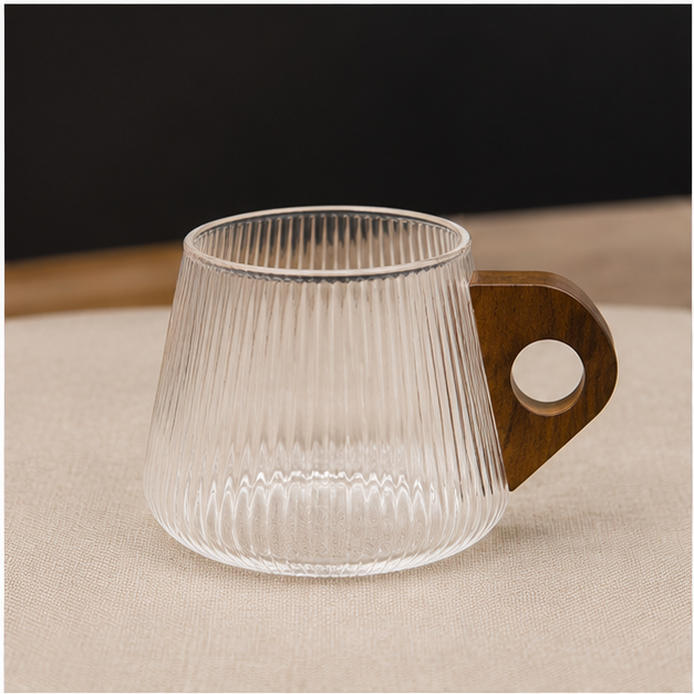 Ribbed Glass Coffee Cup with Wooden Handle (YM2452)