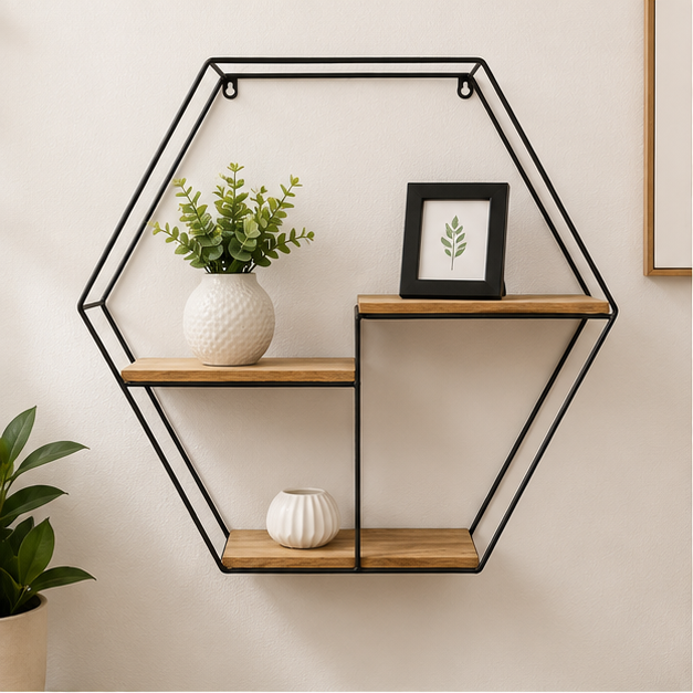 Geometric Black Wall Hanging Stand with Wooden Shelves (YM1028)