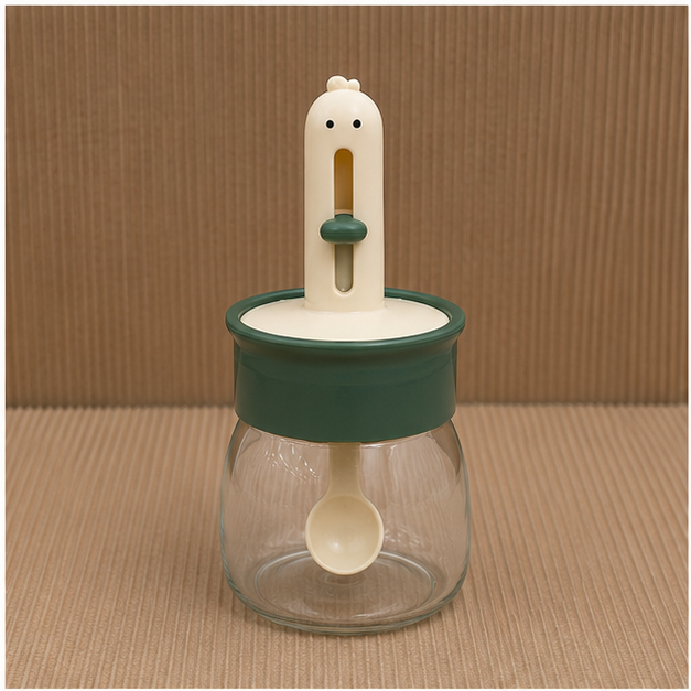 Glass Seasoning Jar with Spoon and Green Lid (YM2757)