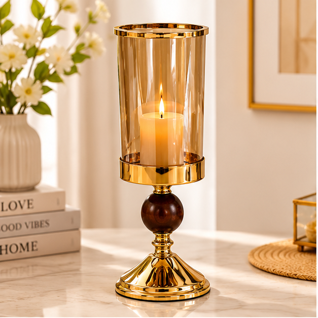 Modern Gold Hurricane Candle Holder with Glass Shade (YM2272)