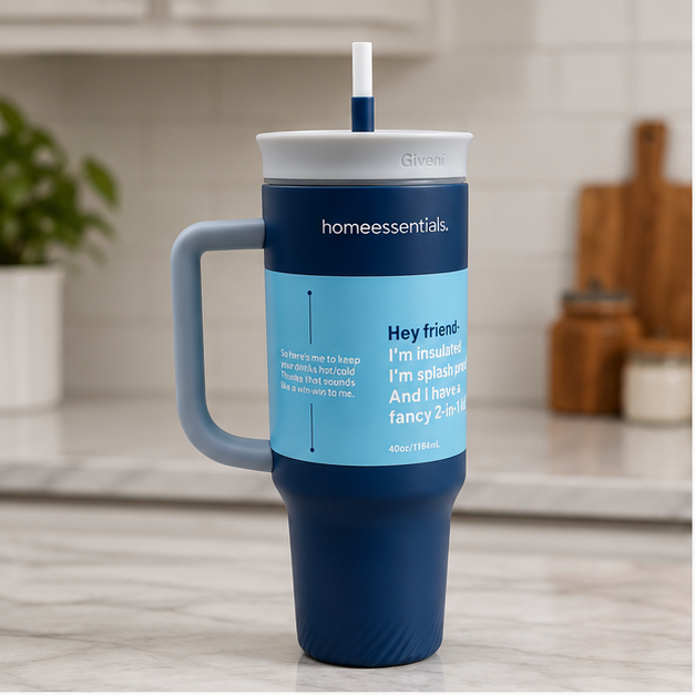 Premium Blue Insulated Tumbler with Handle & Straw (YM035)