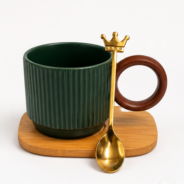 Green Ceramic Coffee Mug Set with Coaster & Spoon (YM469)