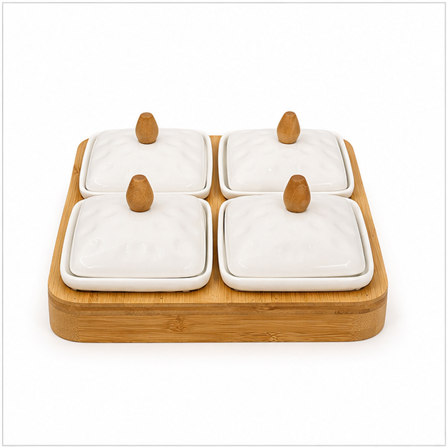 White Ceramic Bowl Set with Wooden Tray (YM389)
