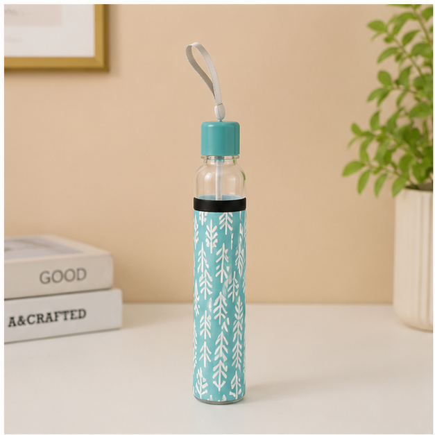 Blue Floral Glass Water Bottle for Daily Hydration (YM1982)
