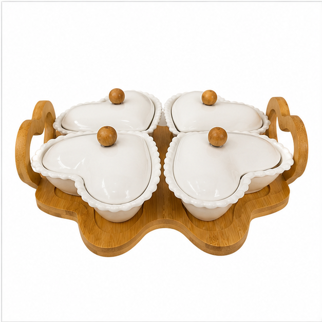 White Ceramic Serving Bowl Set with Wooden Tray (YM476)