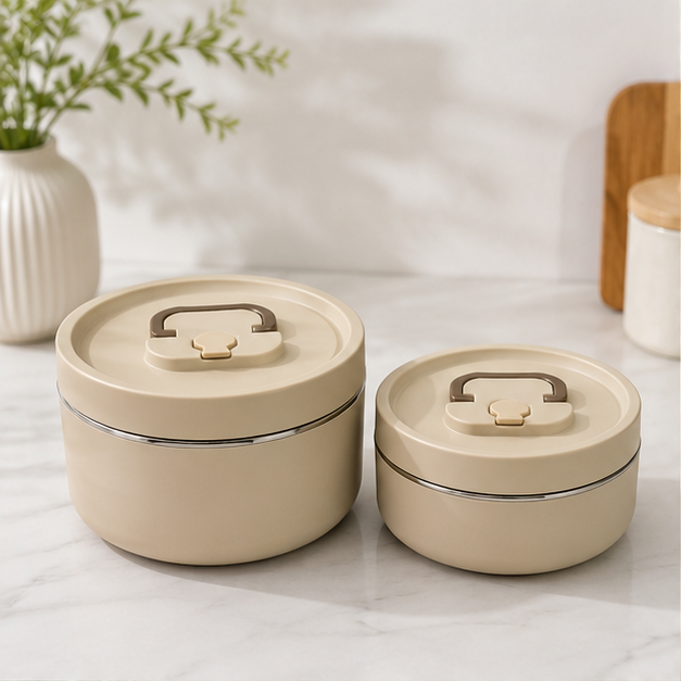 Insulated Lunch Box Beige 2PC Stainless Steel (YM2138)