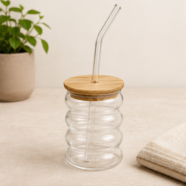 Transparent Glass Sipper Cup with Straw & Wooden Lid (YM1566)