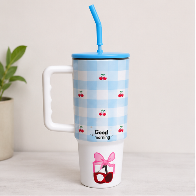 White & Blue Insulated Tumbler with Handle and Straw (YM2621)
