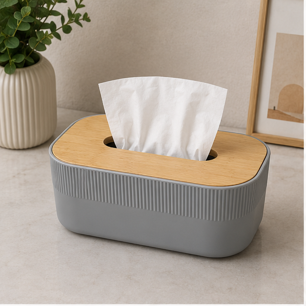 Tissue Paper Box with Wooden Lid Grey (YM2712)