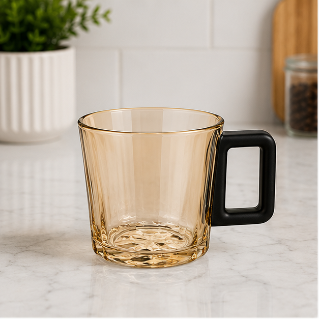 Amber Textured Glass Coffee Mug with Black Handle (YM167)