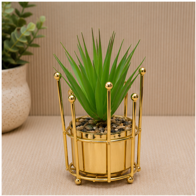 Gold Round Cage Planter with Artificial Succulent (YM2242)