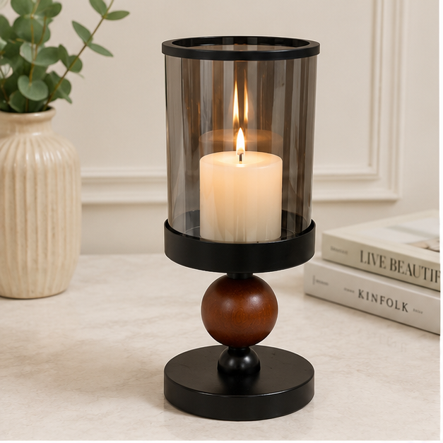 Modern Black Hurricane Candle Holder with Glass Shade (YM2273)