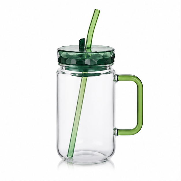 Green Glass Sipper Mug with Straw & Lid (YM1538)
