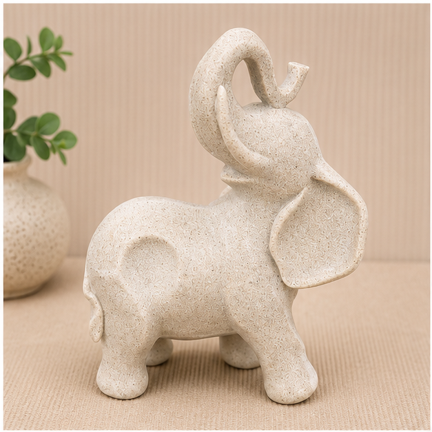 Beige Elephant Figurine with Raised Trunk (YM2293)