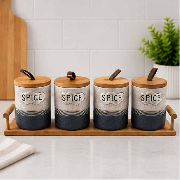 Ceramic Seasoning Jar Set with Wooden Tray - Set of 4 (YM1296)