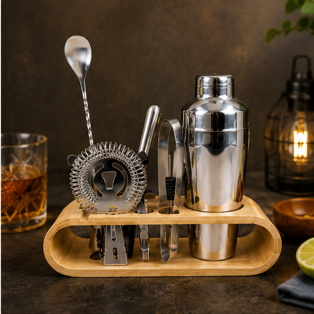 Cocktail Shaker Set with Wooden Stand Silver (YM1053)