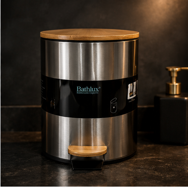 Silver Manual Trash Bin with Wooden Lid for Bathroom, Kitchen & Office (YM2595)