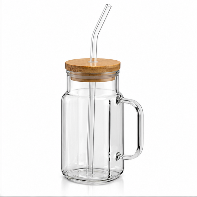 Transparent Glass Sipper Mug with Straw & Lid (YM1537)