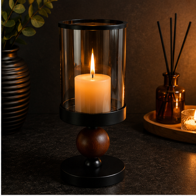 Modern Black Hurricane Candle Holder with Glass Shade (YM2273)