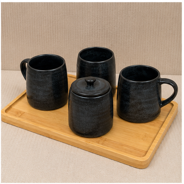 Black Ceramic Tea & Coffee Mug Set with Tray (YM470)