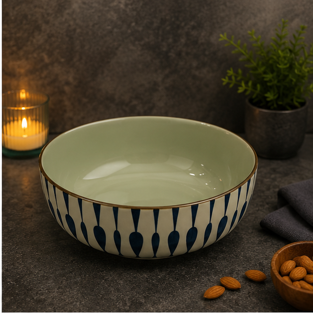 Printed Ceramic Serving Bowl with Blue Pattern Design (YM406)