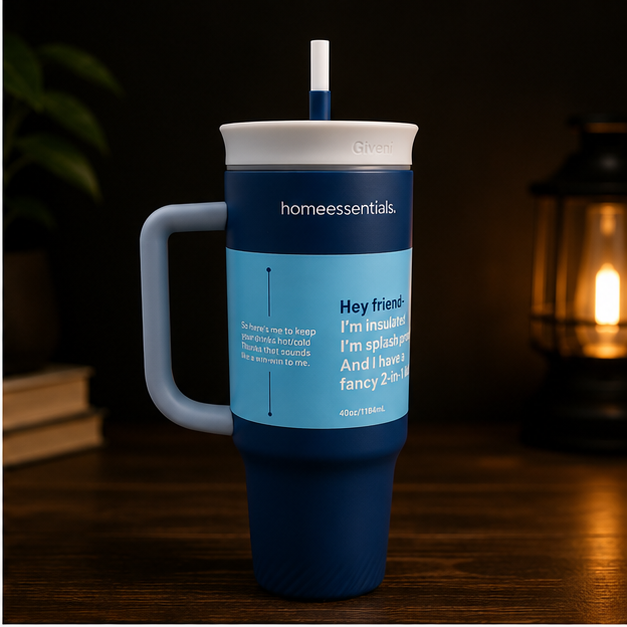 Premium Blue Insulated Tumbler with Handle & Straw (YM035)