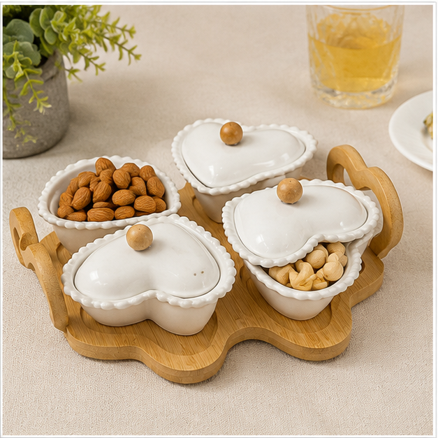 White Ceramic Serving Bowl Set with Wooden Tray (YM476)