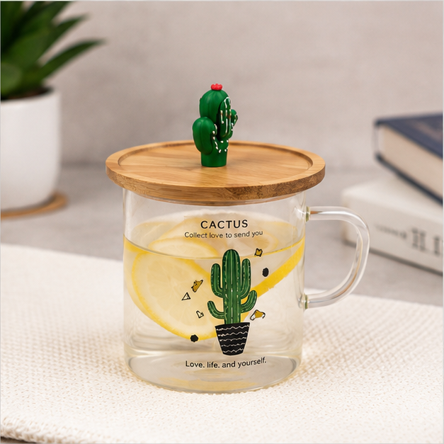 Cactus Theme Glass Cup with Lid (YM1985)
