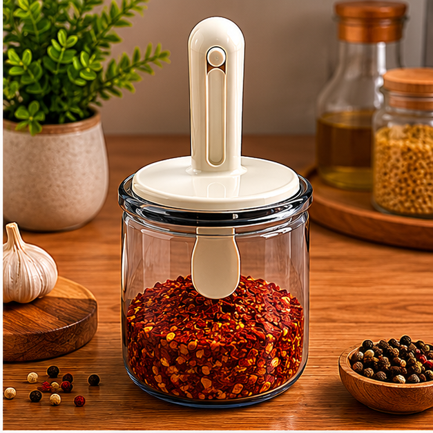 Glass Seasoning Jar with Spoon White (YM1363)