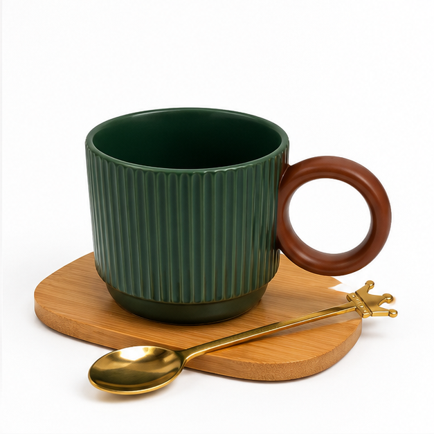 Green Ceramic Coffee Mug Set with Coaster & Spoon (YM469)