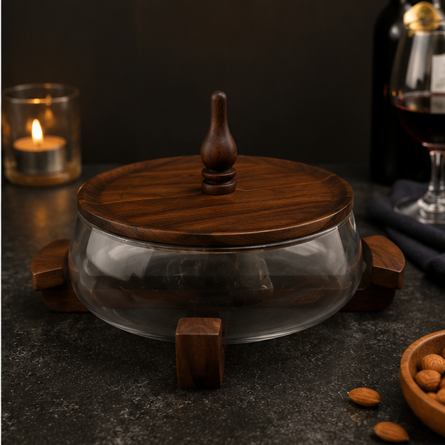 Glass Serving Pot with Wooden Lid & Stand Holder (YM2393)
